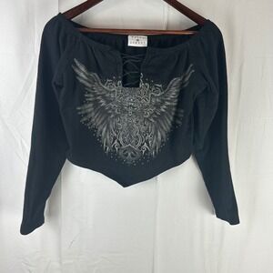 Daisy Street Graphic Top Women XL Black Gothic Angel Wing Lace Up Handkerchief
